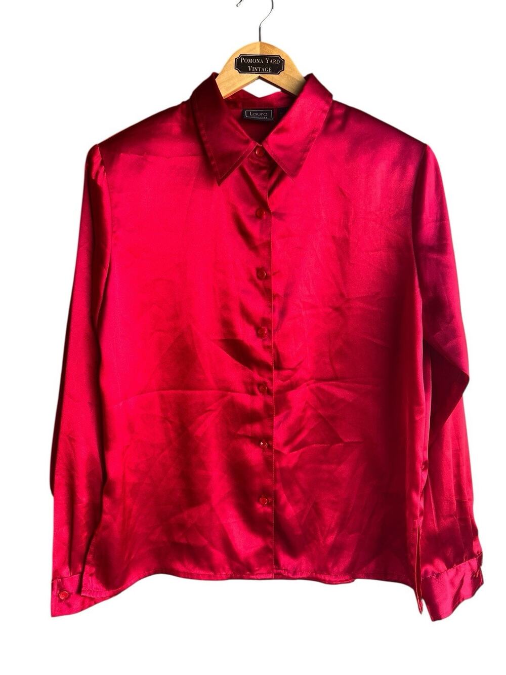 Vintage Red Glossy Satin Collared 80s Blouse Laura Scott Size 10 Secretary Geek